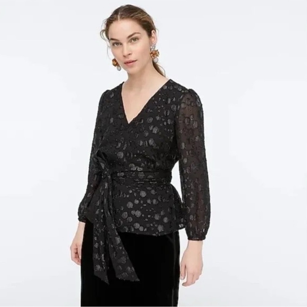 J.Crew Tie-Waist V-Neck Black Metallic Dot Jacquard Top XS - Picture 3 of 9